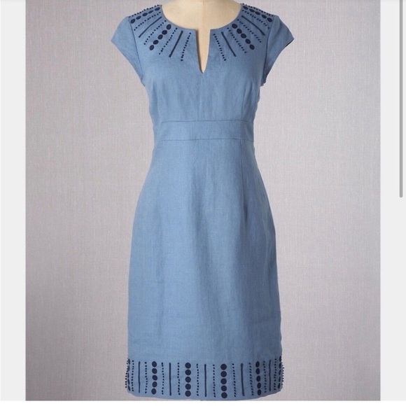 BODEN Sorrento 100% Linen Dress 8 Embroidered Applique Blue Short Sleeve WH455 - Picture 1 of 11